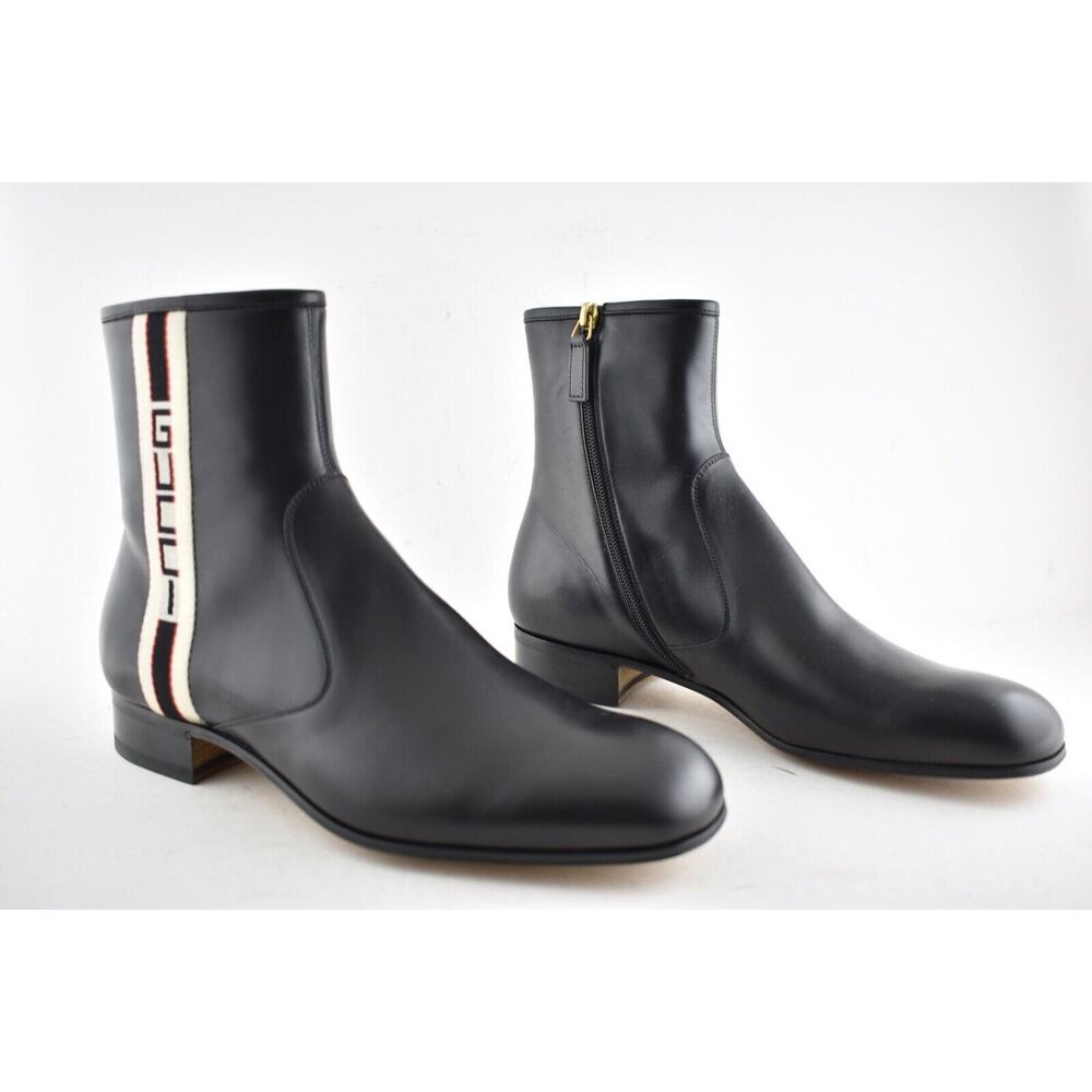 Gucci Mens Bonny Black Leather White Red Web Logo Chelsea Zipper Boots G 8 9 - Picture 2 of 12